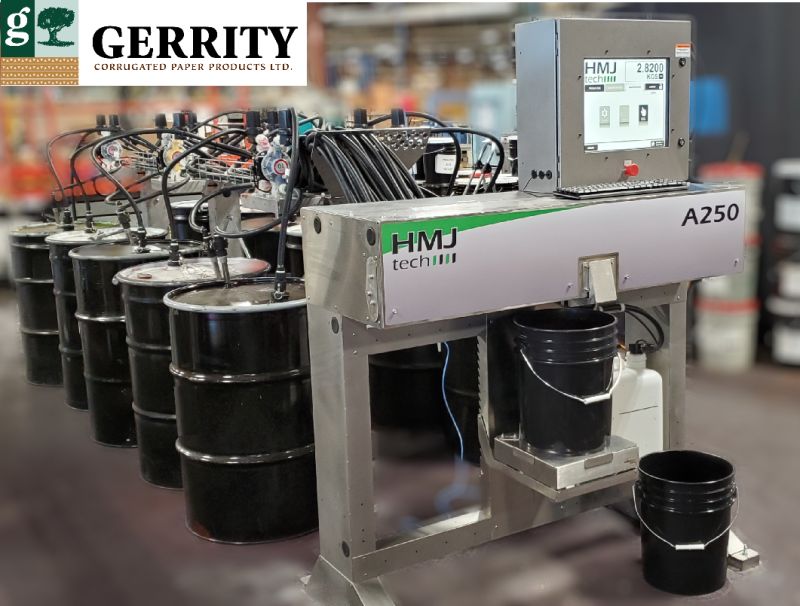 HMJ tech recently commissioned an A250 dispenser water-based ink dispensing system at Gerrity Corrugated Paper Products Concord, Ontario facility.