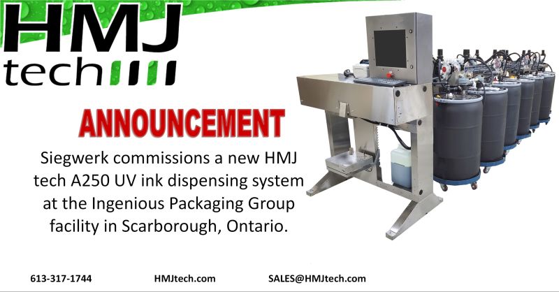 Siegwerk commissions a new HMJ Tech A250 UV ink dispensing system at the Ingenious Packaging Group facility in Scarborough, Ontario.