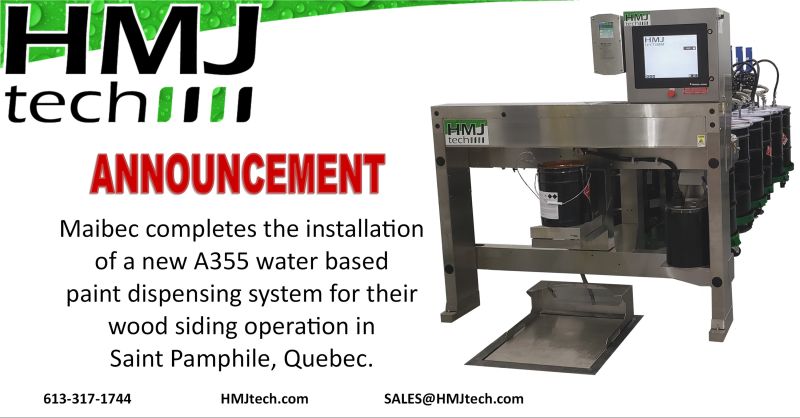 Maibec completes the installation of a new A355 water based paint dispensing system for their wood siding operation in Saint Pamphile, Quebec.