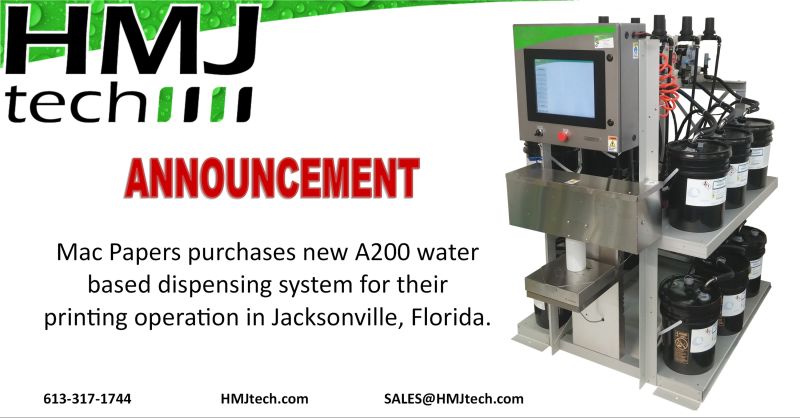 Mac Papers purchases new A200 water based dispensing system for their printing operation in Jacksonville, Florida.