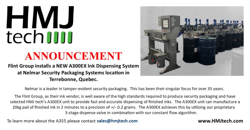 Flint Group installs an HMJ tech A300EX Ink Dispensing System at Nelmar Security Packaging Systems location in Terrebonne, Quebec.
